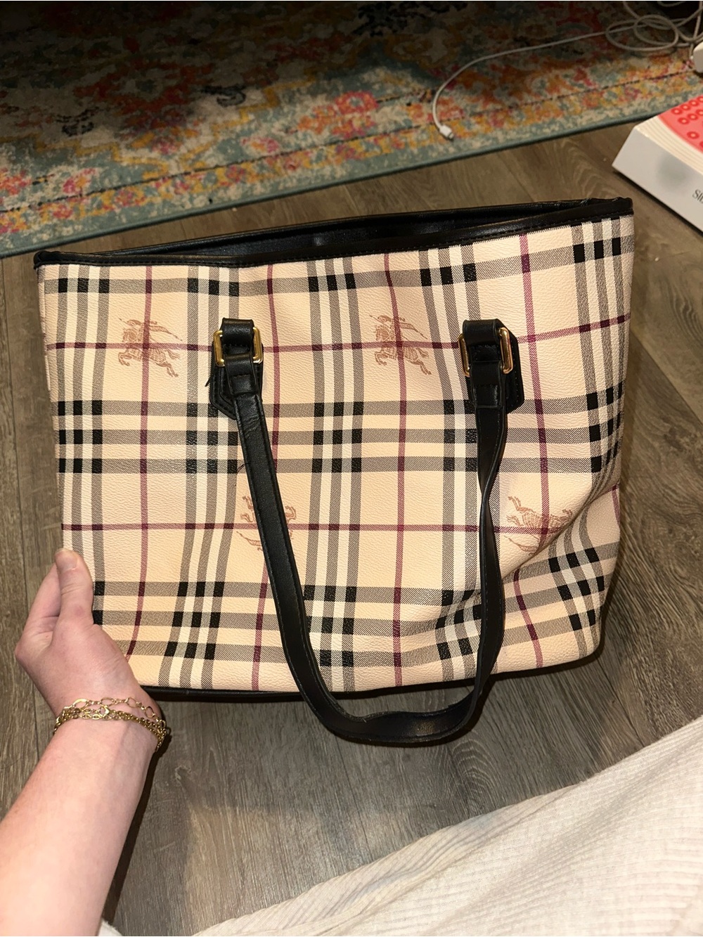 Burberry Beige Plaid Tote with Black Trim - Picture 5 of 5